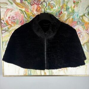 Lafayette 148 New York Black Shearling Lamb Fur Cape with Leather Trim Size P/S